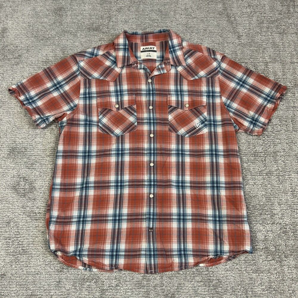 Ariat Retro Fit Snap Button Shirt Mens Large Plaid Short Sleeve Cowboy Salmon